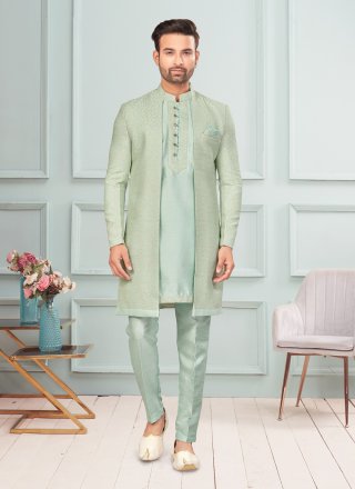 Green Jacquard Fancy and Jacquard Work Indo Western for Men