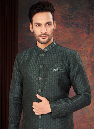 Green Jacquard Fancy and Thread Work Indo Western for Engagement