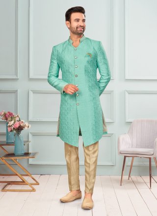 Green Jacquard Indo Western with Fancy and Jacquard Work for Men