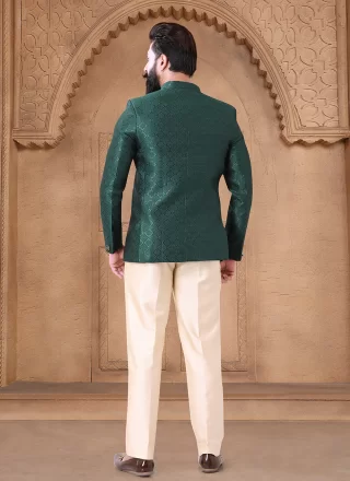 Green Jacquard Jodhpuri Suit with Print Work for Men