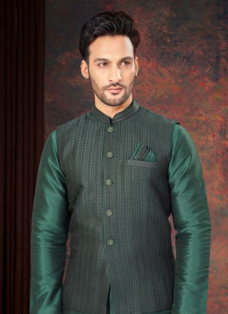 Green Jacquard Kurta Payjama with Jacket with Embroidered and Thread Work