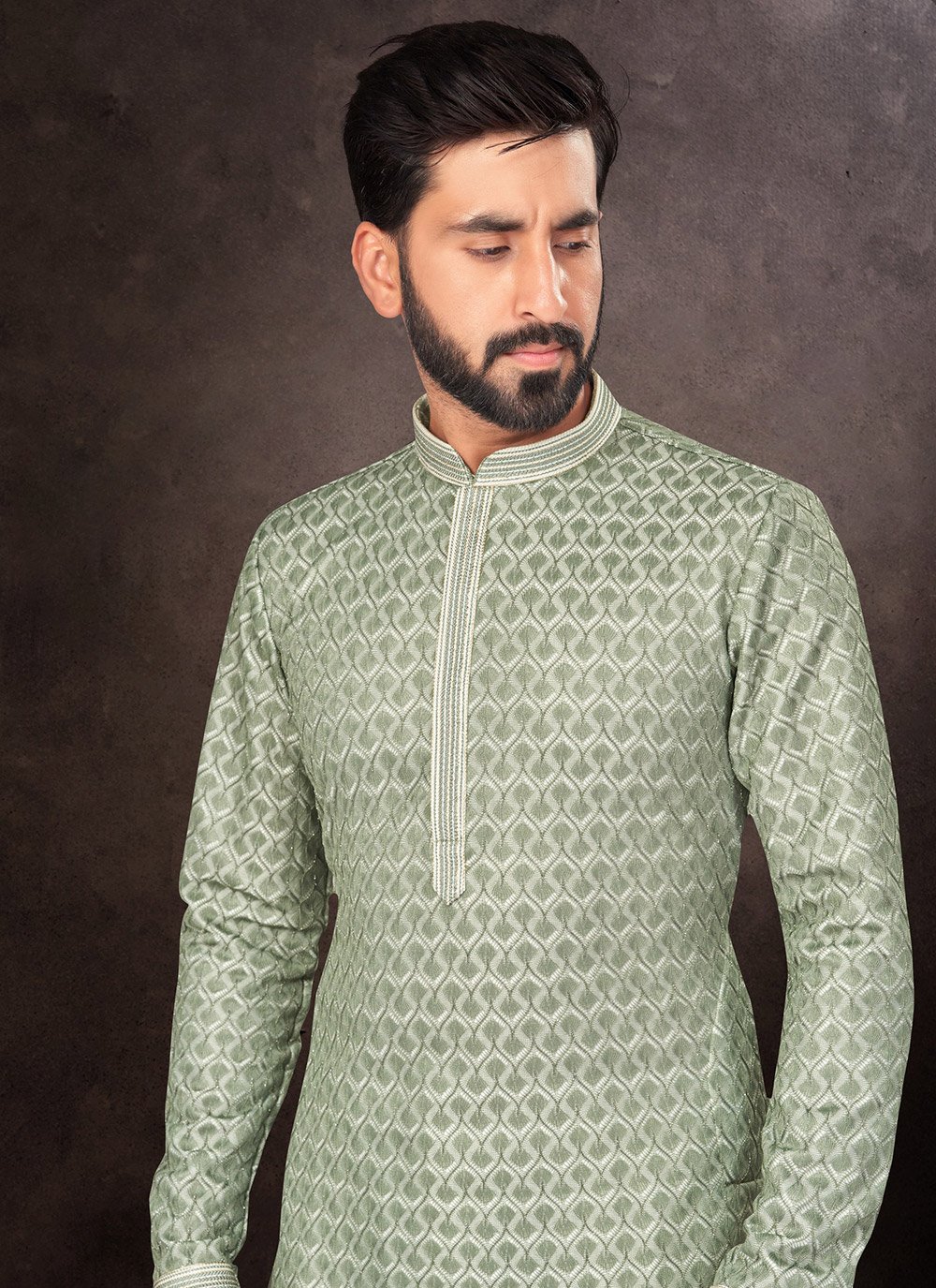 Buy Green Jacquard Kurta Pyjama With Embroidered Work For Men 284296