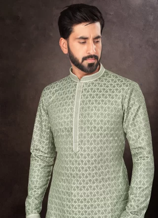 Green Jacquard Kurta Pyjama with Embroidered Work for Men
