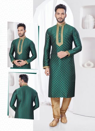 Green Jacquard Kurta Pyjama with Machine Embroidery Work