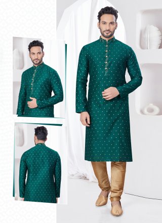 Green Jacquard Kurta Pyjama with Machine Embroidery Work for Ceremonial