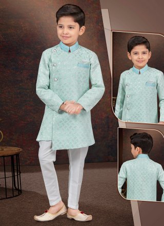 Green Jacquard Sherwani Kids Wear