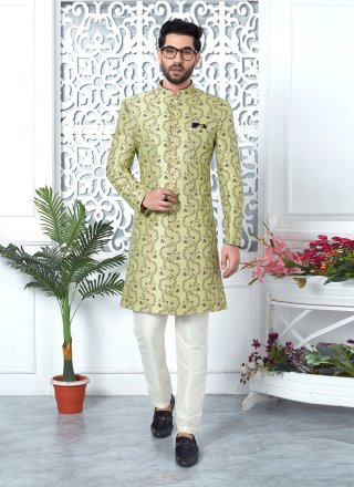 Green Jacquard Silk Fancy Work Indo Western