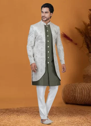 Green Jacquard Silk Indo Western