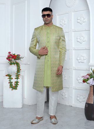 Green Jacquard Silk Indo Western with Fancy Work
