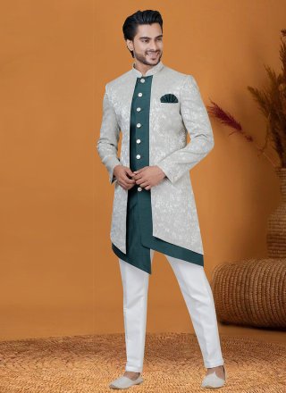 Green Jacquard Silk Indo Western with Jacquard Work for Men
