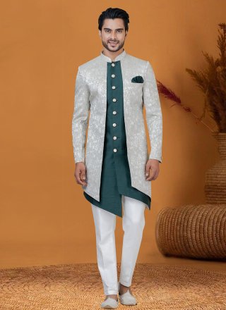 Green Jacquard Silk Indo Western with Jacquard Work for Men