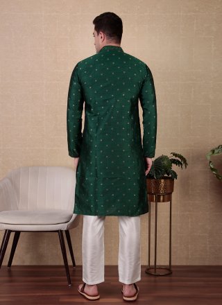 Green Jacquard Silk Kurta Pyjama with Embroidered, Mirror and Woven Work for Casual