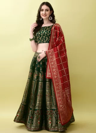 Green Jacquard Silk Lehenga Choli with Jacquard Work for Women