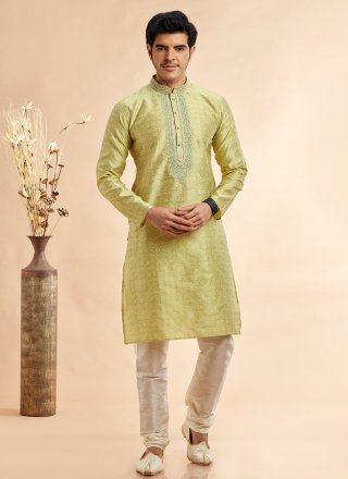Green Jacquard Silk Machine Embroidery Work Kurta Pyjama for Casual