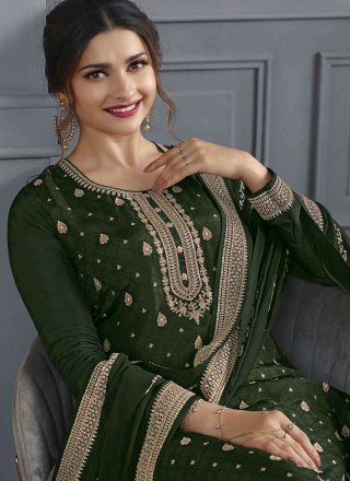 Green Jacquard Silk Palazzo Salwar Suit with Embroidered Work