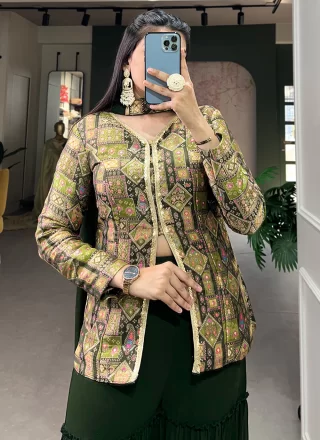 Green Jacquard Silk Readymade Salwar Suit with Weaving Work