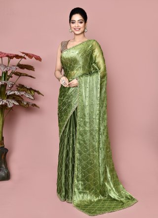 Green JIMMY CHU Classic Sari with Hand Work