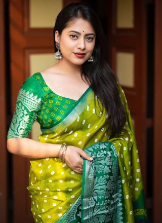 Green Jute Silk Print Work Designer Sari for Engagement
