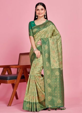 Green Kanjivaram Silk Contemporary Saree with Weaving Work