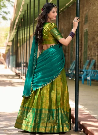 Green Kanjivaram Silk Lehenga Choli with Embroidered, Stretchable and Weaving Work for Festival