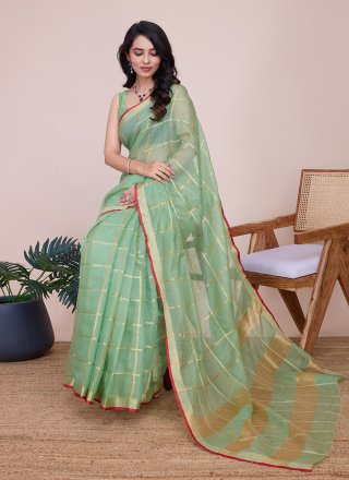 Green Kota Doriya Weaving and Zari Work Contemporary Sari for Casual