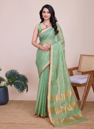 Green Kota Doriya Weaving and Zari Work Contemporary Sari for Casual