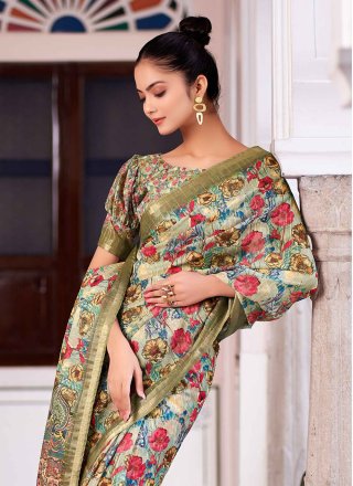 Green Linen Digital Print Work Classic Sari for Ceremonial