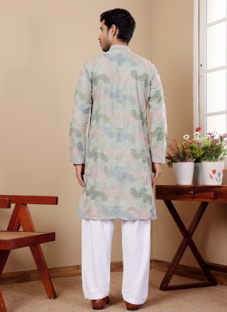 Green Linen Embroidered Work Kurta Pyjama for Festival