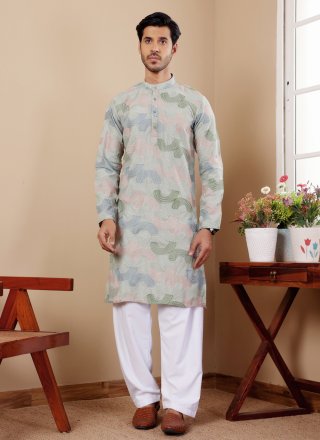 Green Linen Embroidered Work Kurta Pyjama for Festival