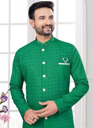Green Lucknowi Chikankari and Machine Embroidery Work Indo Western Sherwani