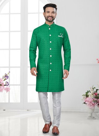 Green Lucknowi Chikankari and Machine Embroidery Work Indo Western Sherwani