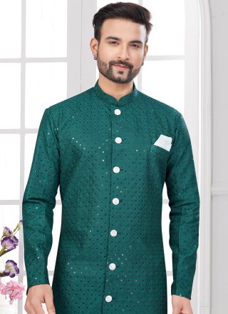 Green Lucknowi Chikankari and Machine Embroidery Work Indo Western Sherwani for Ceremonial