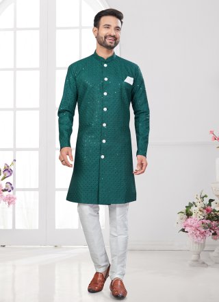 Green Lucknowi Chikankari and Machine Embroidery Work Indo Western Sherwani for Ceremonial