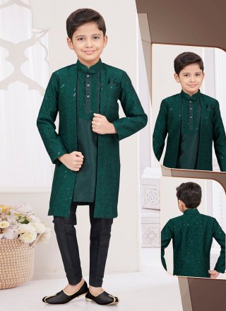 Green Machine Embroidery, Stone and Thread Work Banarasi Silk Sherwani Kids Wear