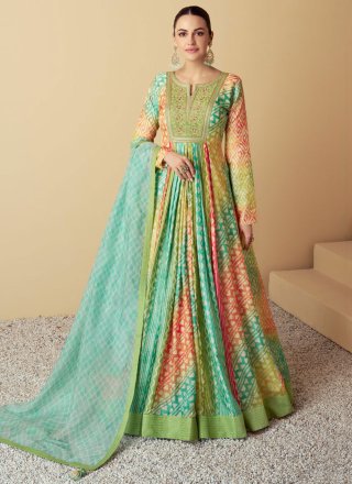 Green Muslin Gown with Embroidered and Print Work for Ceremonial