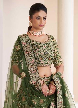 Green Net A - Line Lehenga Choli with Dori, Embroidered, Sequins, Stone and Thread Work for Party