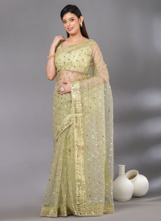 Green Net Embroidered and Sequins Work Contemporary Saree for Ceremonial