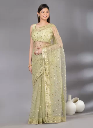 Green Net Embroidered and Sequins Work Contemporary Saree for Ceremonial