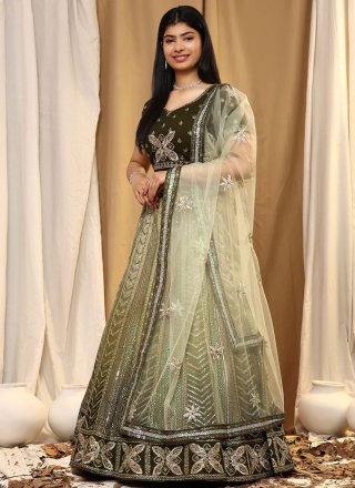Green Net Embroidered and Sequins Work Readymade Lehenga Choli for Women