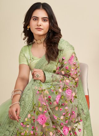 Green Net Embroidered and Thread Work Trendy Saree for Ceremonial