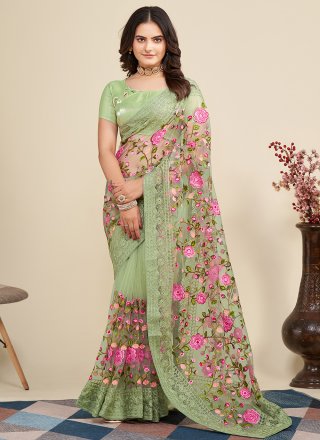 Green Net Embroidered and Thread Work Trendy Saree for Ceremonial