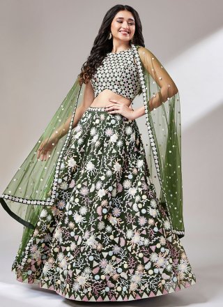Green Net Embroidered, Sequins and Thread Work Lehenga Choli for Ceremonial