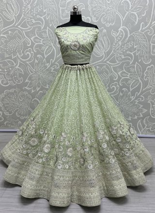 Green Net Embroidered, Sequins and Thread Work Lehenga Choli for Women