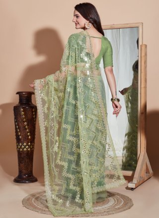 Green Net Embroidered Work Classic Sari for Women