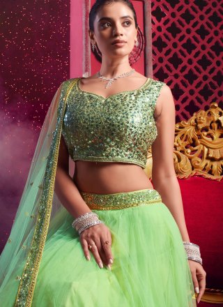 Green Net Plain Work Readymade Lehenga Choli for Women