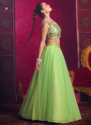 Green Net Plain Work Readymade Lehenga Choli for Women