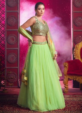 Green Net Plain Work Readymade Lehenga Choli for Women