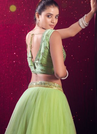 Green Net Plain Work Readymade Lehenga Choli for Women