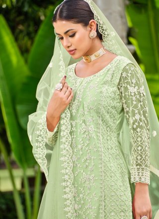 Green Net Salwar Suit with Cord, Embroidered and Stone Work