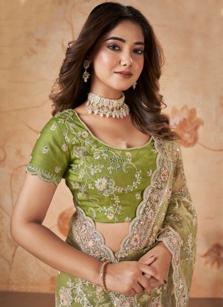Green Net Trendy Saree with Cord, Embroidered and Sequins Work for Women